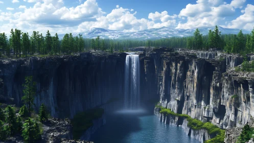 High cliff waterfall in conifer forest with distant snowy range