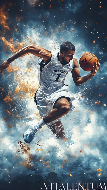 Explosive basketball dunker surges through clouds of energy