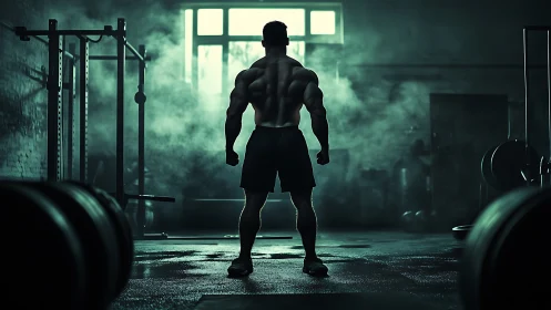Muscular athlete stands in smoky gym under harsh backlight