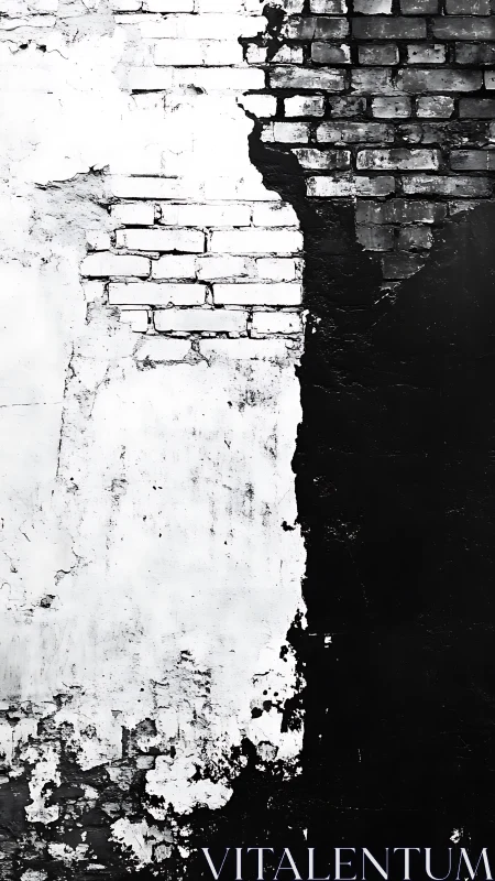 Monochrome bricks clash where peeling paint splits the wall.