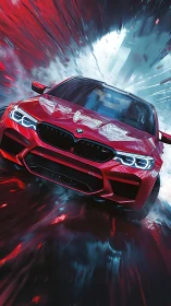 Red sport sedan powers through wet neon city street.