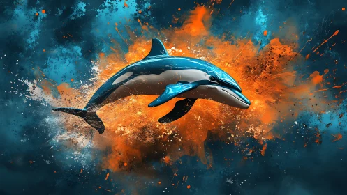 Dolphin bursts through electric cyan and orange paint explosion.