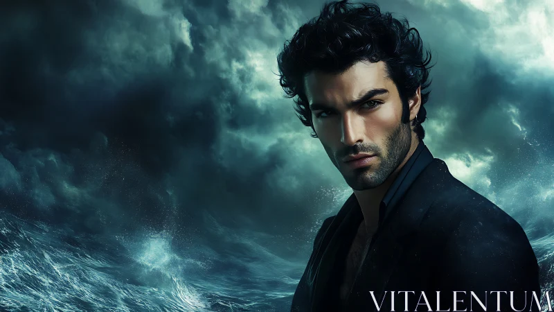 Photorealistic storm portrait with cinematic ocean backdrop.