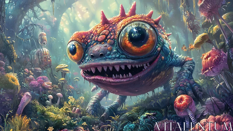 Bioluminescent monster lizard stalks psychedelic forest floor.