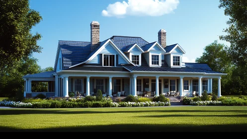 Expansive craftsman-style farmhouse under clear daylight with wraparound porch