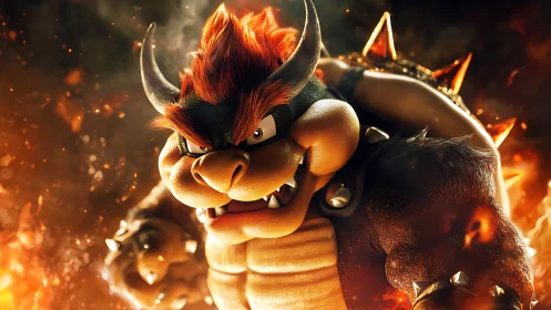 Fiery horned beast roars within blazing inferno glow.