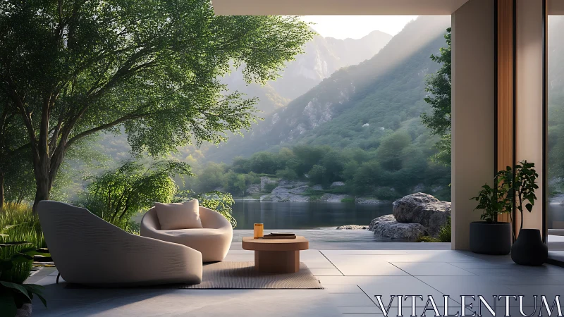 Lakeside minimal lounge cradled in soft mountain daylight.