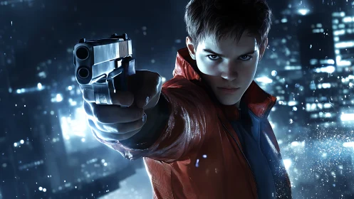 Armed young vigilante in neon city rain, intense stare.