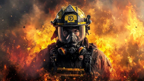 Firefighter in Intense Flames Background Portrait.
