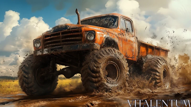 Orange lifted truck driving through muddy off road terrain.