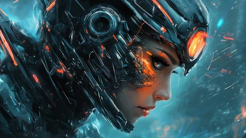 Neon-lit cyber warrior caught between sparks and starlight.