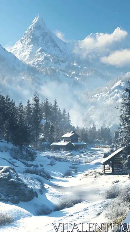 Silent winter homestead dreams beneath a crystalline peak
