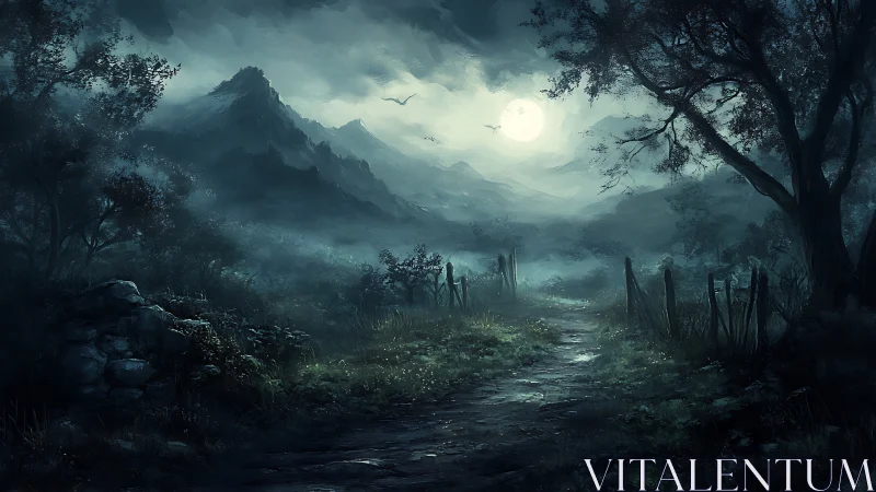 Nocturnal mountain valley path under diffuse lunar backlight.