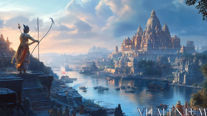 Heroic archer overlooks a radiant riverside temple city