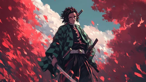 Sword-wielding warrior amid scarlet leaves in anime panorama.