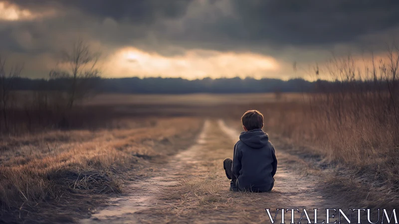 Solitary child on rural path under brooding evening sky.