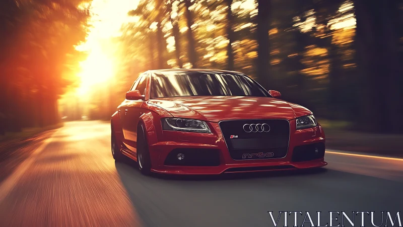 Red sports sedan races through a glowing forest highway at dusk