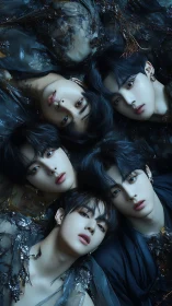 Five lunar faces drift like constellations in midnight tide