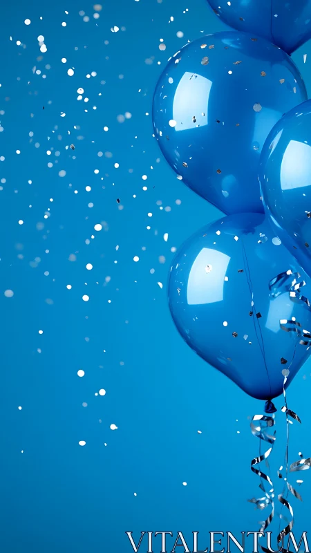 Blue balloons with ribbons against sky and white particles