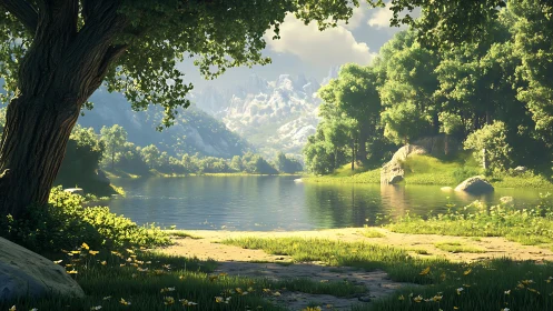 Sunlit lake basin rendered with soft atmospheric perspective