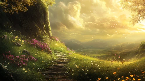 Golden hillside path into a soft, dream-bright valley.