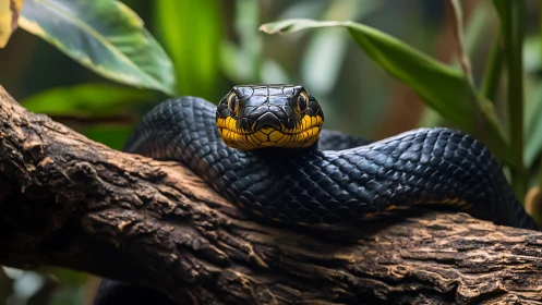 Black snake rests coiled on textured branch in lush habitat
