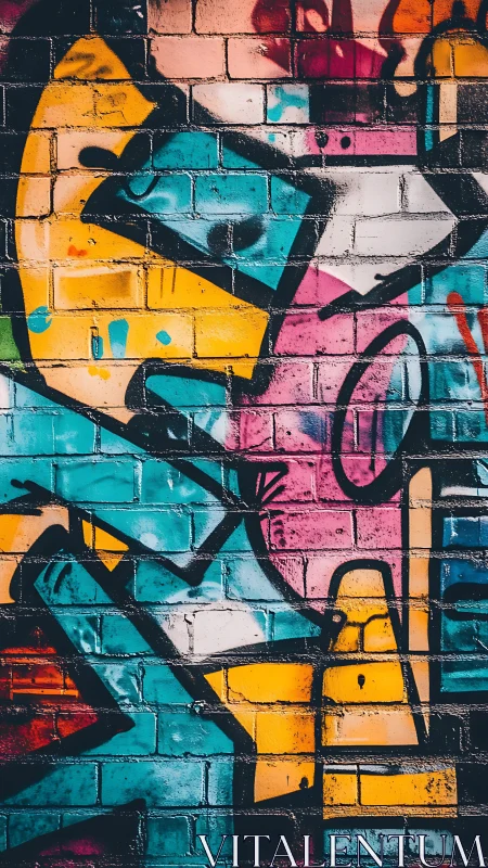 Bold urban graffiti explodes across a textured brick wall