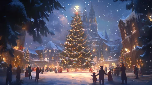 Snowy town square glows around a towering Christmas tree.