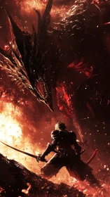 Lone swordsman confronts colossal fire dragon in molten abyss.