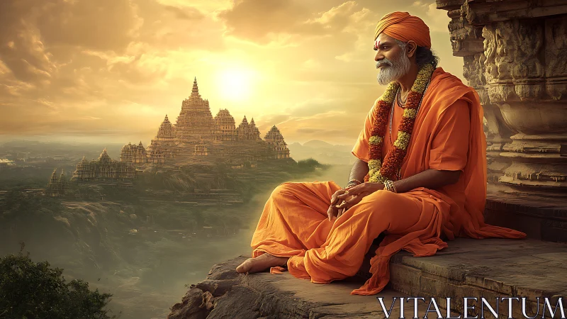 Digital painting of meditative sage before radiant temple city.