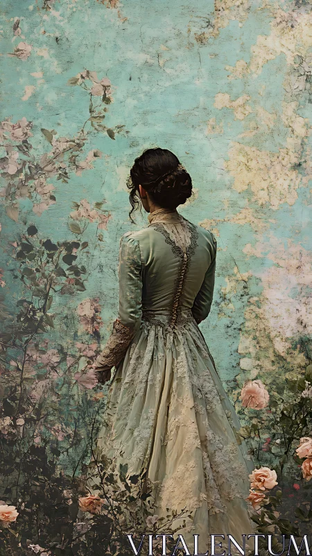 Victorian woman stands before aged floral wall in reflection.