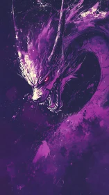 Ferocious purple dragon head emerging from dark void.