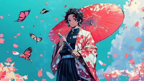 Butterfly-guarded samurai youth beneath crimson parasol sky.
