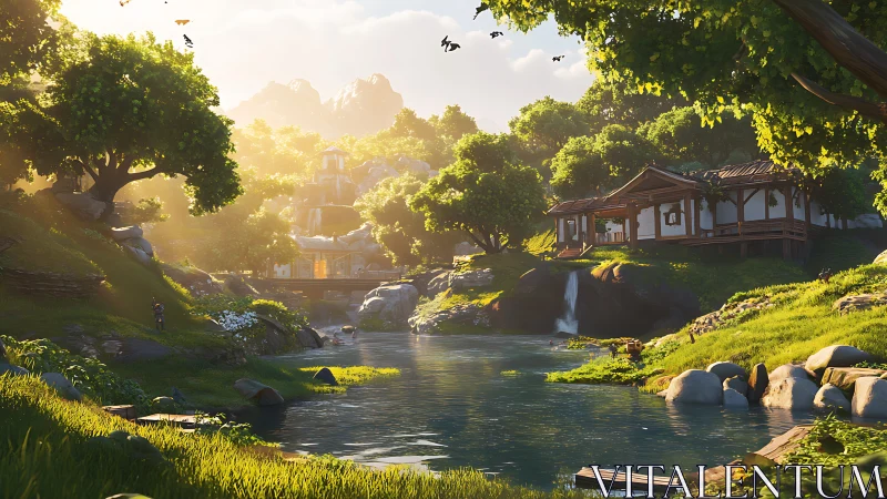 Sunlit riverside retreat with tranquil waterfalls and trees.