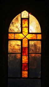 Golden stained glass cross glowing in quiet evening light.