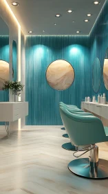 Turquoise salon interior with teal styling chairs and round mirrors