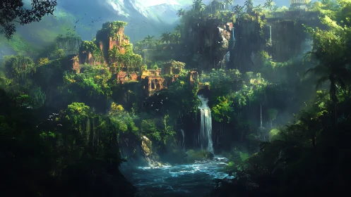 Overgrown Monumental Architecture Within Cavernous Jungle Valley.