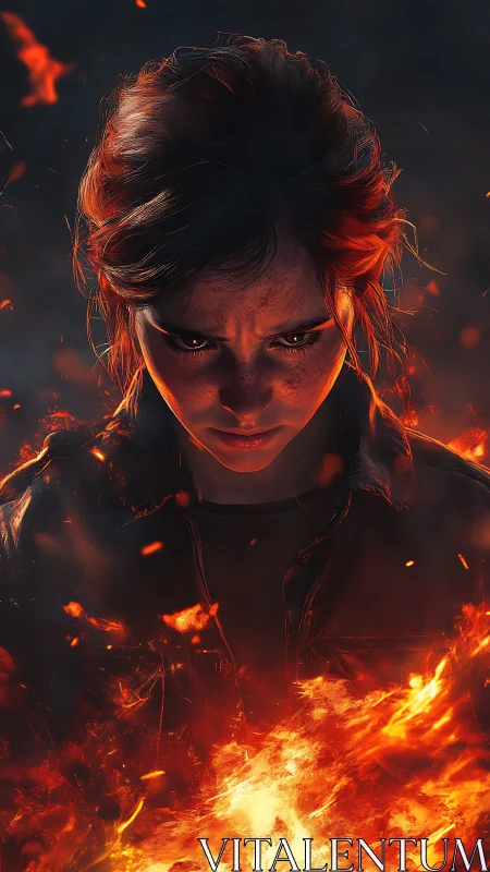 Female Figure Surrounded by Intense Flame and Ember Effects.