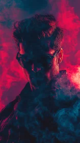 Moody portrait of man in neon red and blue smoke lighting.