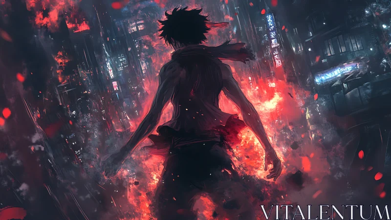 Backlit figure stands in burning alley amid neon cityscape