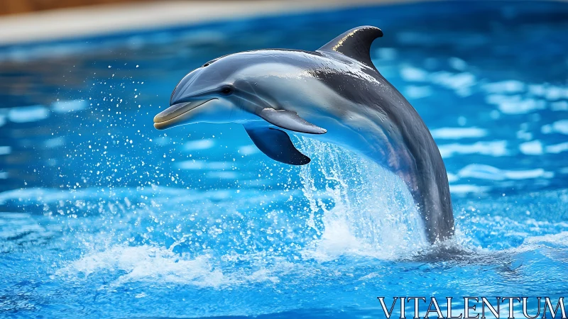 Splash-happy dolphin arcs through sapphire pool sunlight.
