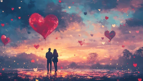 Two Hearts Afloat in Sunset's Balloon Paradise.