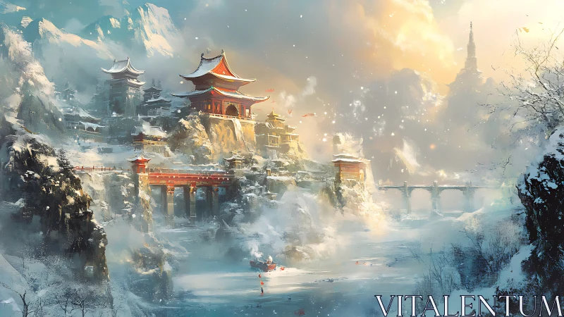 Snowlit mountain temples crowned by drifting golden dawn.