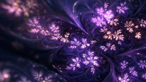 Purple fractal floral pattern with luminous clustered forms.