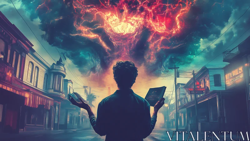 Backlit reader confronts apocalyptic nebula over deserted street