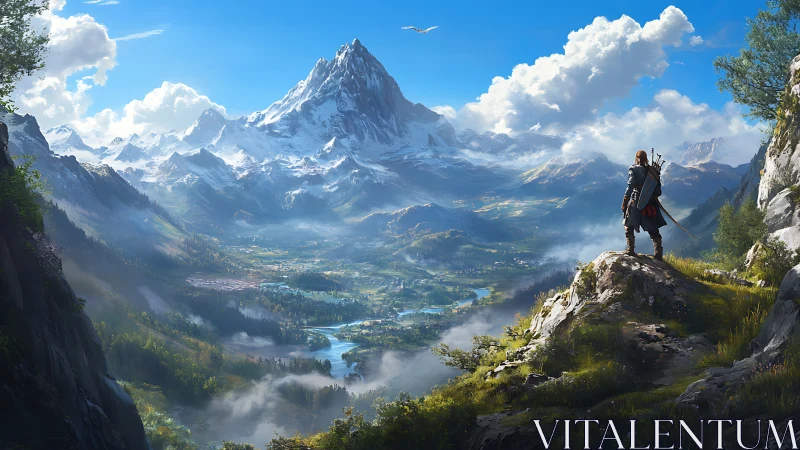 Adventurer surveys vast alpine valley under crystalline skies