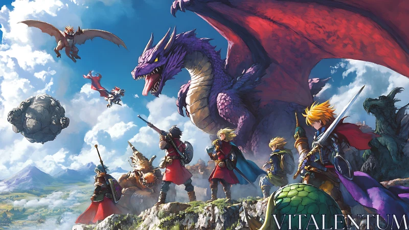 Sky-rent heroes confront a roaring violet dragon at dawn