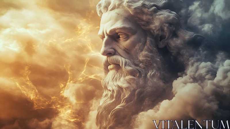 Storm-sculpted titan gazes through blazing celestial clouds