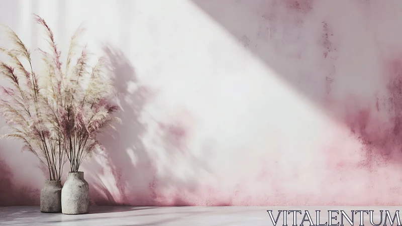 Minimal pampas vignette against rose-washed concrete wall.