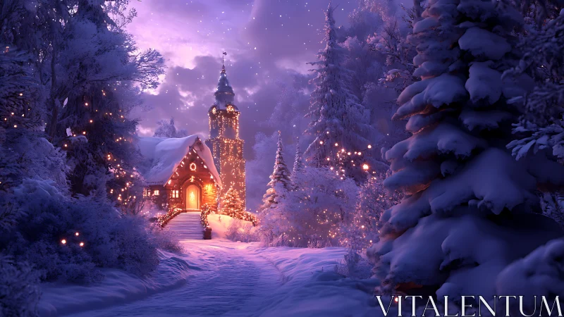 Snow-covered forest cottage with illuminated tower at dusk.